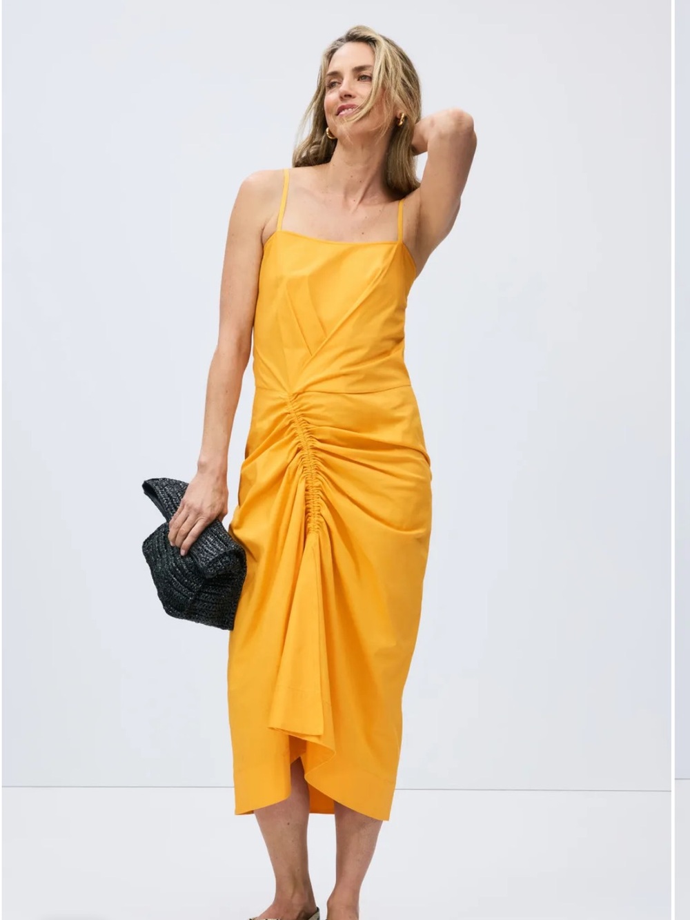Callas- Angie Dress Yellow Ruched Midi Dress with Spaghetti Straps Size 40 US 4
